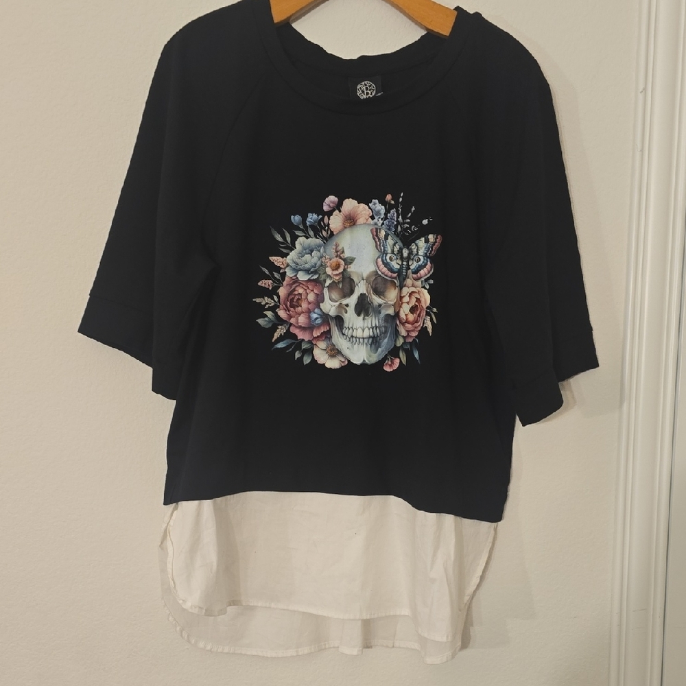 Bobeau Black Top with Floral Graphic